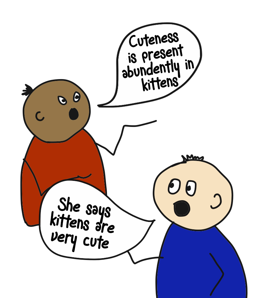 Person 1 saying "cuteness is present abundently in kittens". Person 2 saying "She says kittens are very cute".